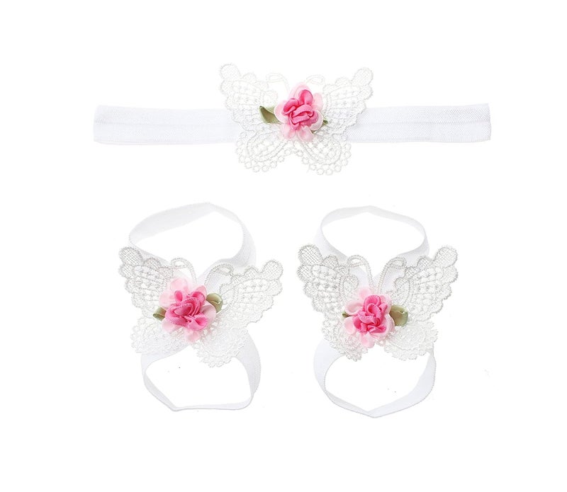 Ldcx Baby girls infant crochet butterfly headbands and knitted flower barefoot sandals.(BBFJ3) (2 pcs White) - Image 3